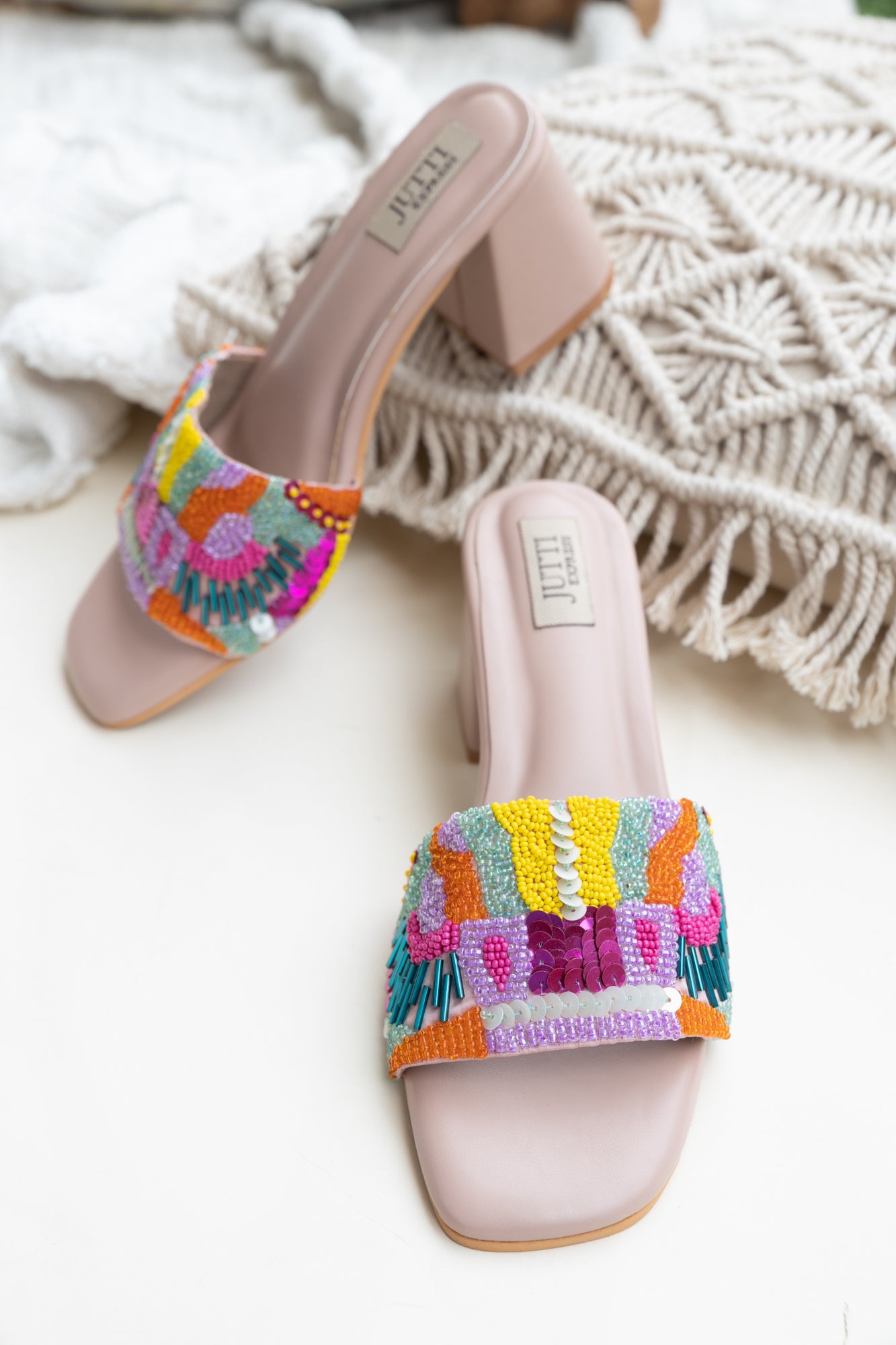 Peach Embroidery heels