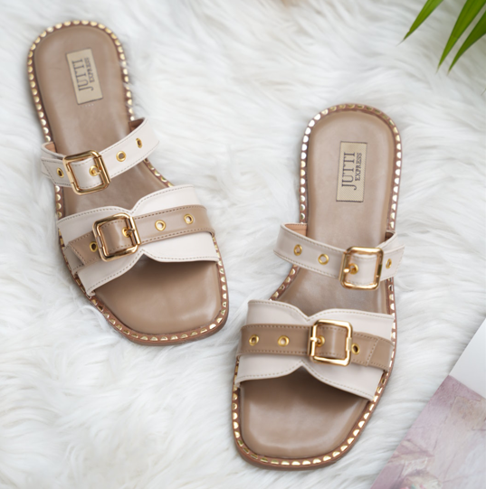 Beige Studded Double Buckle Flat Sandals