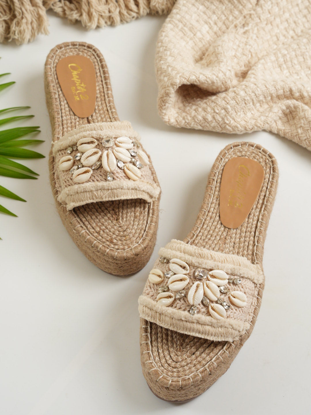 Jute Slide Sandals with Shell & Crystal Embellishments
