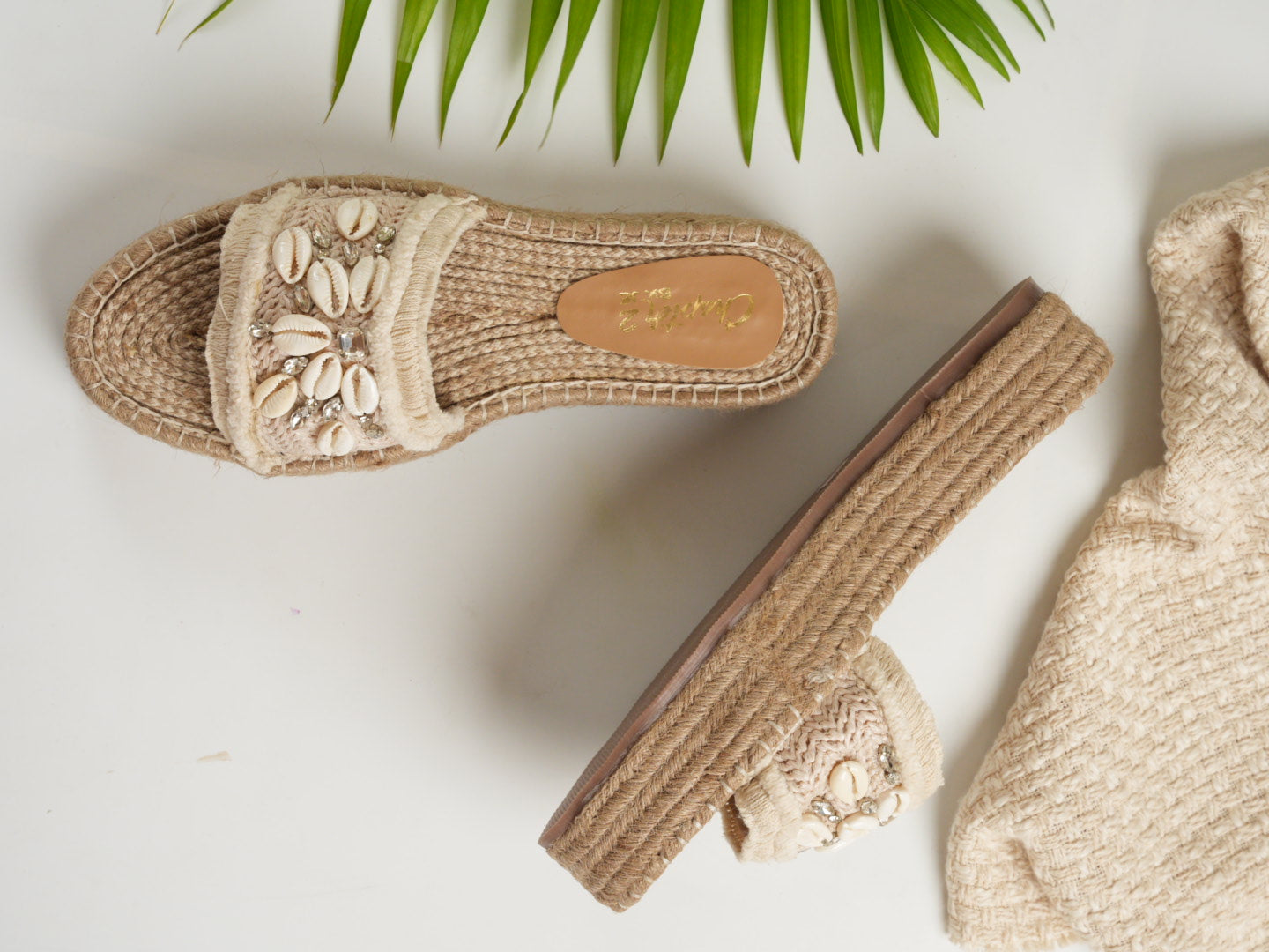 Jute Slide Sandals with Shell & Crystal Embellishments