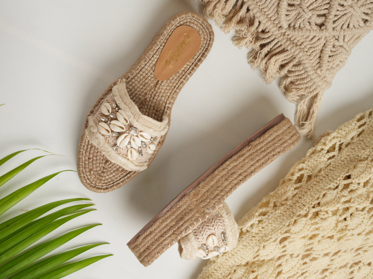 Jute Slide Sandals with Shell & Crystal Embellishments