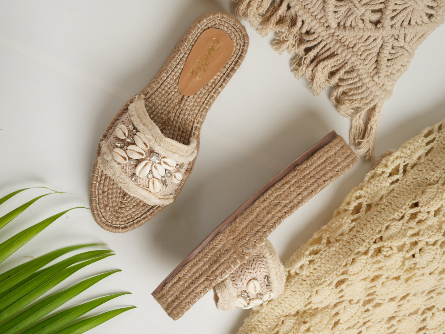 Jute Slide Sandals with Shell & Crystal Embellishments