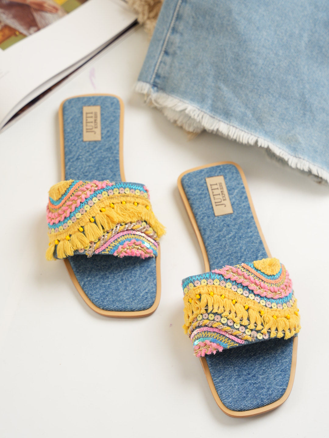Sunshine Fringe Embroidered Denim Sliders