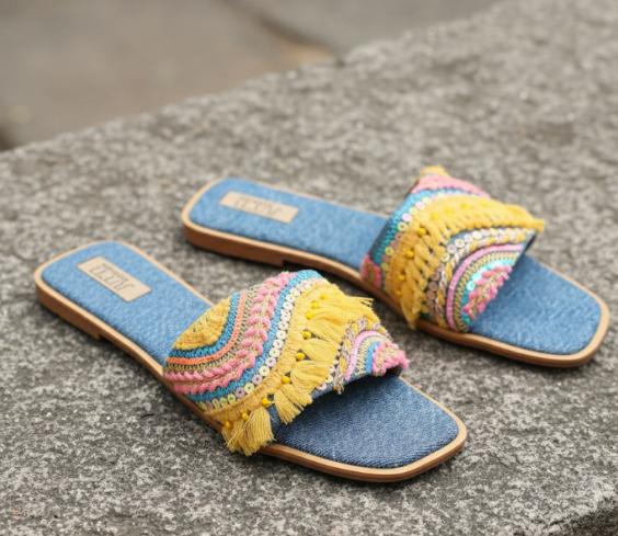 Sunshine Fringe Embroidered Denim Sliders